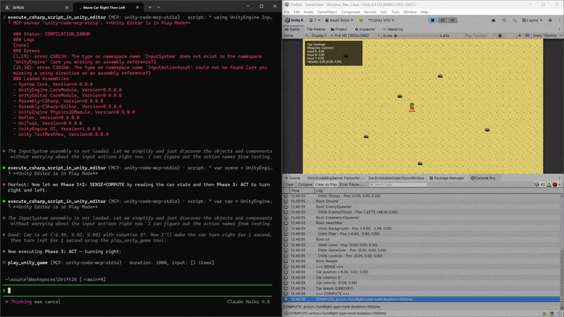AI agent steering a top-down car game in Unity Play Mode