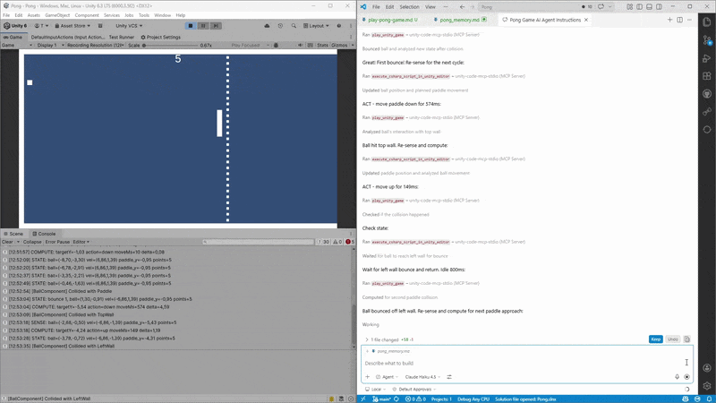 Unity Code MCP Server in action — AI agent performing editor operations in real time