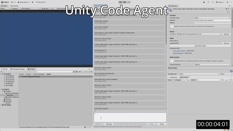Unity Code Agent creating and testing a Snake game in the Unity Editor