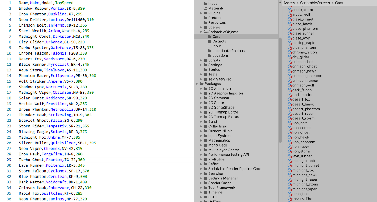 CSV spreadsheet with car data being synchronized to ScriptableObject assets in the Unity Editor