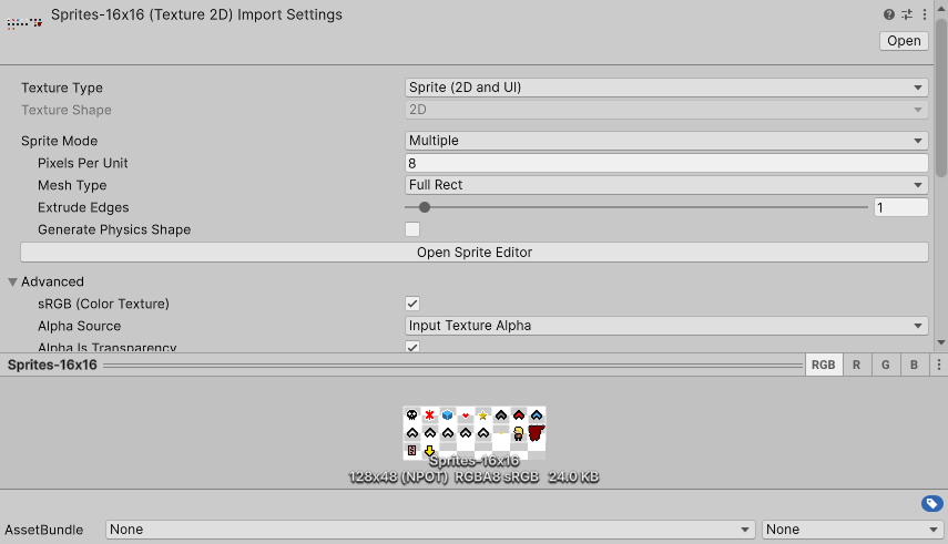 Sprite import settings showing Pixels Per Unit configuration for correct tilemap alignment